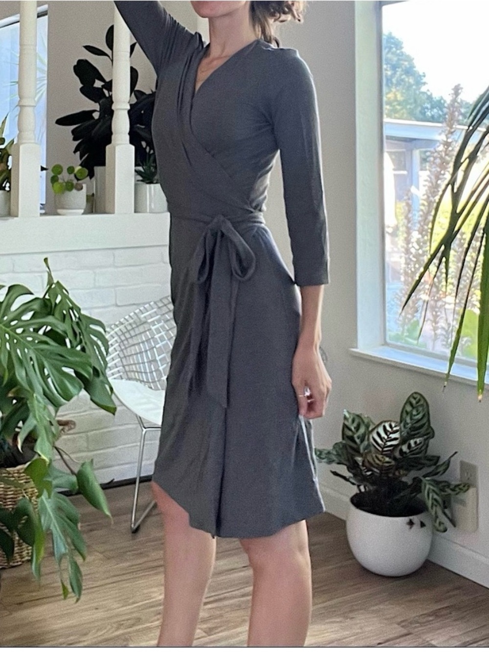 Lands End Classic Wrap Dress in Charcoal Gray, Small